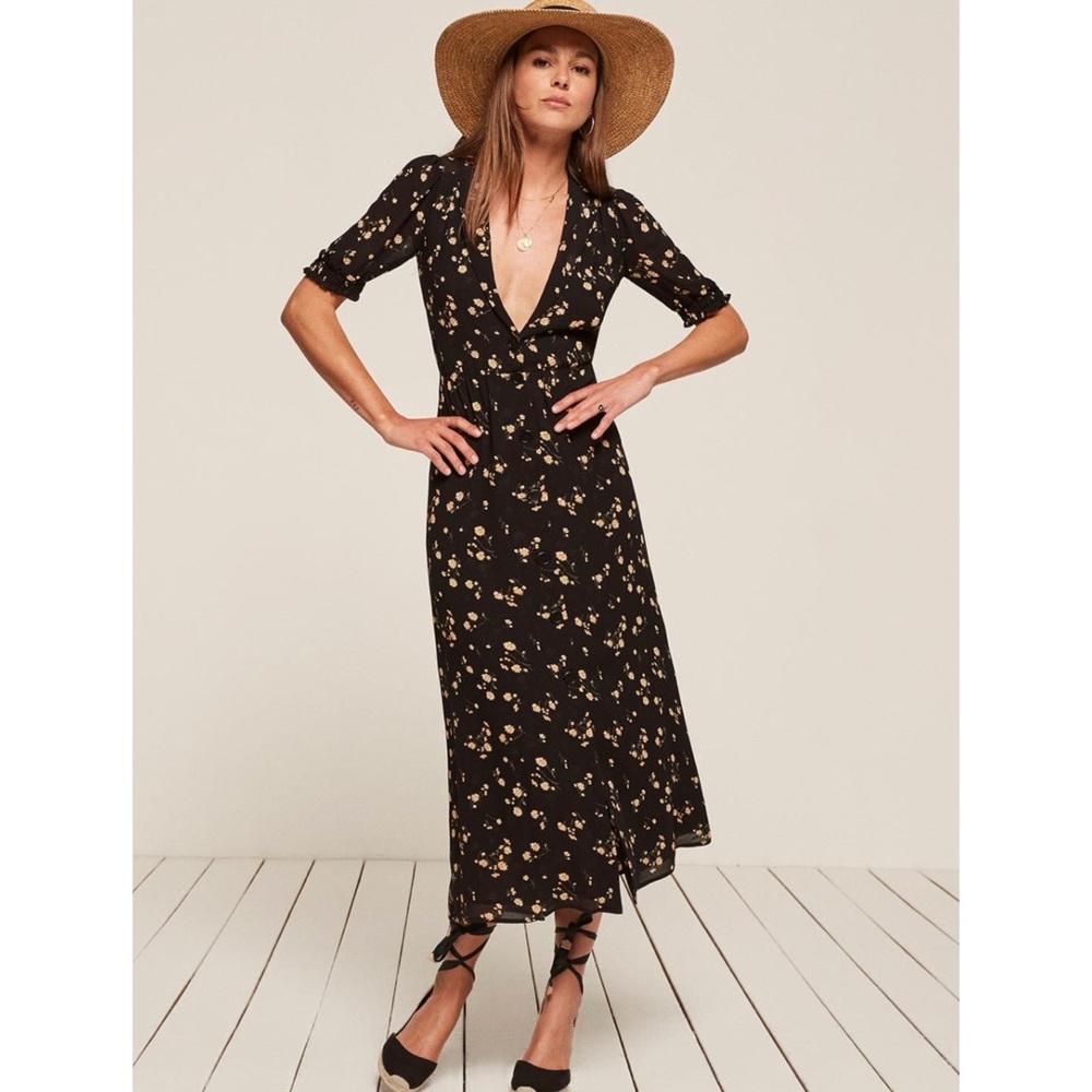 Reformation Deep V-Neck Joanie Floral Midi Dress In Limoncello Nwt